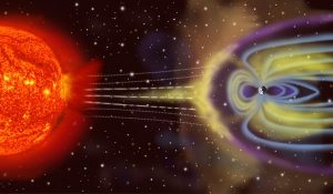 地球の磁気圏に衝突する太陽風を描いたアーティストの作品