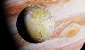 木星の衛星イオが木星の前にある