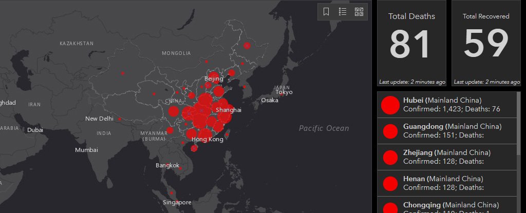 このウェブサイトでは、武漢コロナウイルスの世界的な広がりをリアルタイムで追跡できます