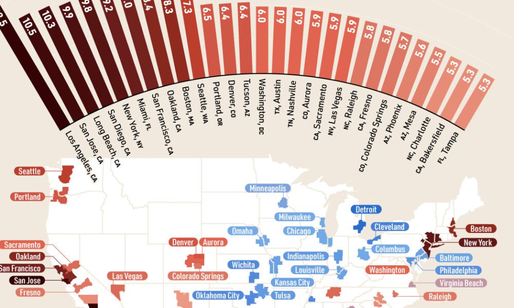 地図化: 米国の大都市の住宅価格と収入の比率