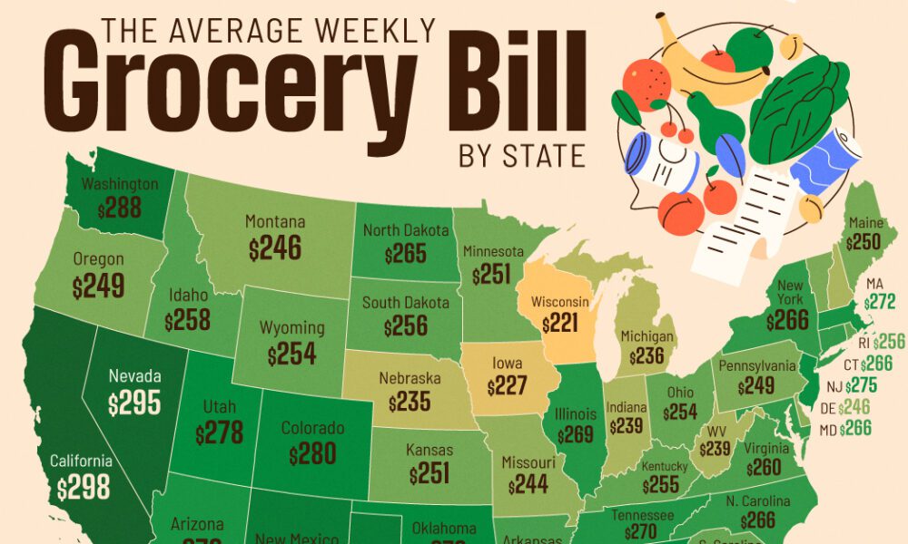 地図化: アメリカ人が各州で食料品にどれくらい費やしているか